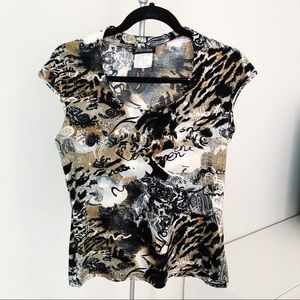 Black Brown Pattern Print Short Sleeved Blouse Top